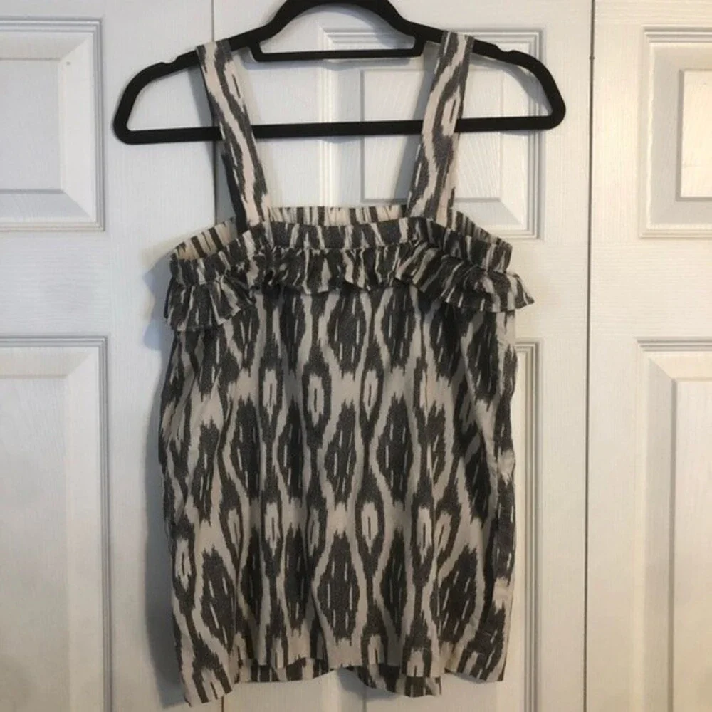 J. CREW Size 0 Beige Gray Ikat Ruffle Flounce Sleeveless Cotton Tank Top Blouse